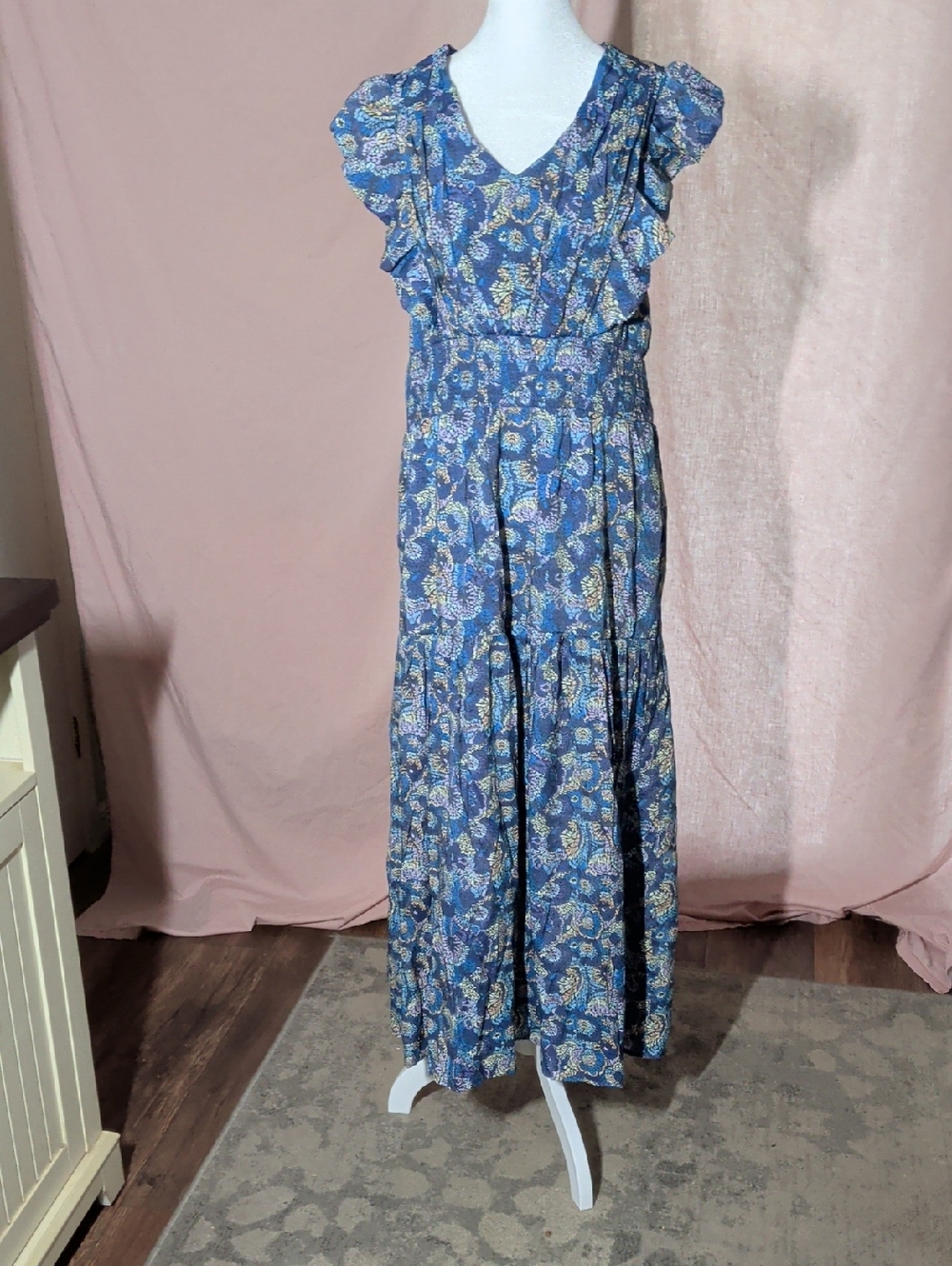 NY Collection Blue Floral Ruffle-Sleeve Maxi Dress.